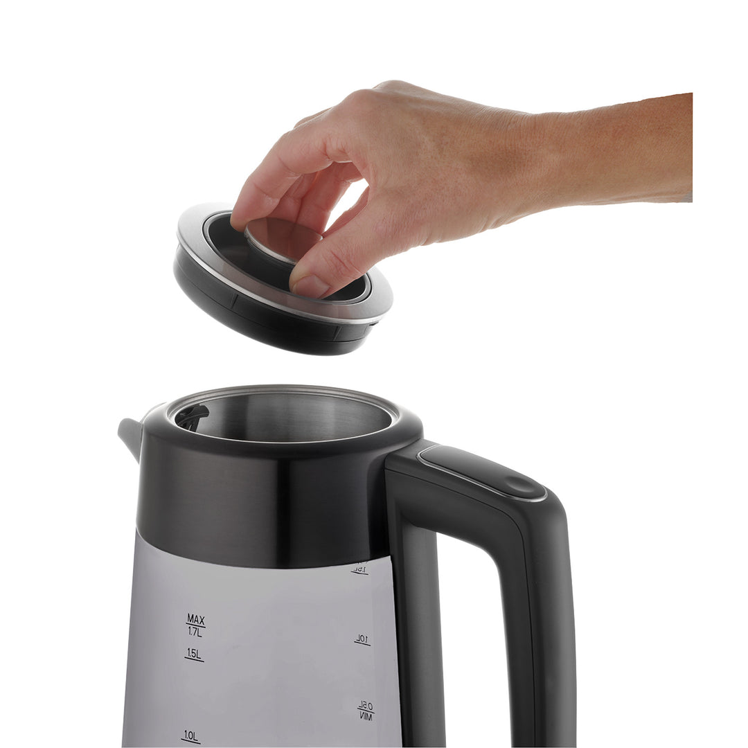 Koncepčná sklenená rýchlovarná kanvica, objem 1,7 l, príkon 1850–2200 W, čierna farba, konektor Strix, regulácia teploty, digitálne ovládanie, RK4195