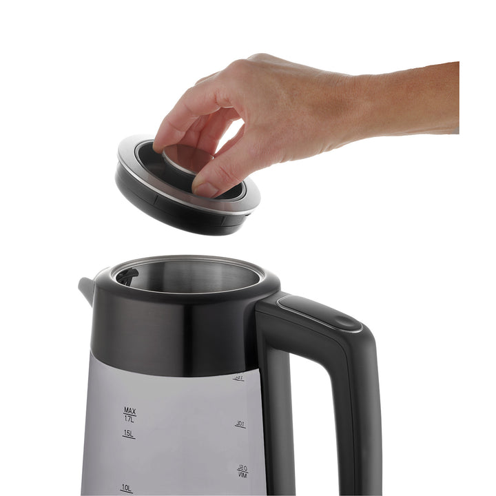 Koncepčná sklenená rýchlovarná kanvica, objem 1,7 l, príkon 1850–2200 W, čierna farba, konektor Strix, regulácia teploty, digitálne ovládanie, RK4195