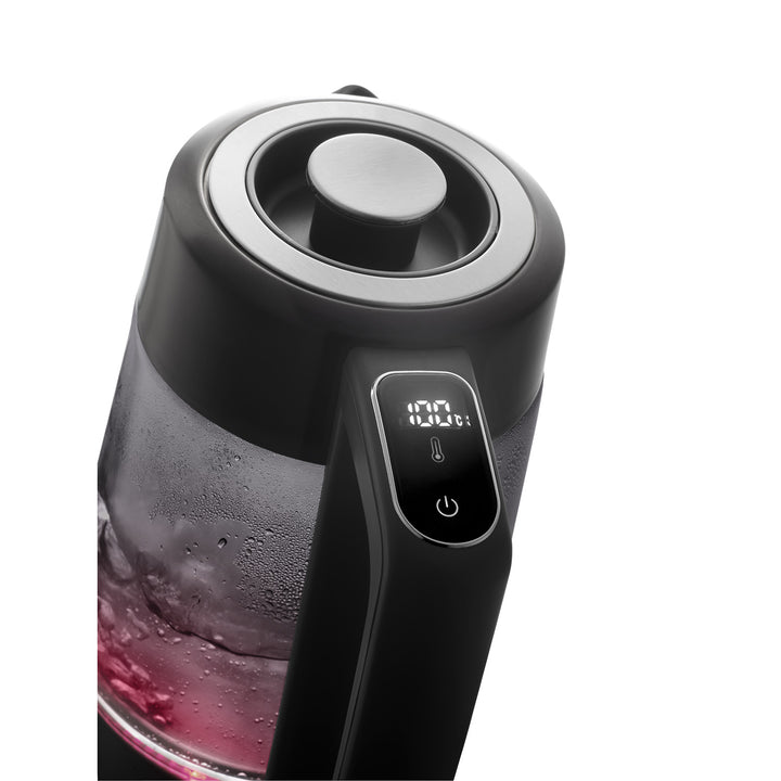 Koncepčná sklenená rýchlovarná kanvica, objem 1,7 l, príkon 1850–2200 W, čierna farba, konektor Strix, regulácia teploty, digitálne ovládanie, RK4195