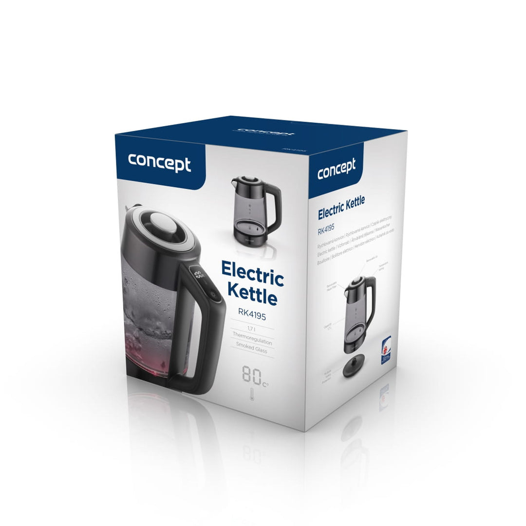Koncepčná sklenená rýchlovarná kanvica, objem 1,7 l, príkon 1850–2200 W, čierna farba, konektor Strix, regulácia teploty, digitálne ovládanie, RK4195