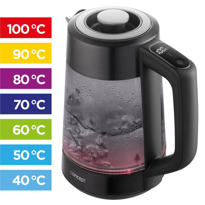 Koncepčná sklenená rýchlovarná kanvica, objem 1,7 l, príkon 1850–2200 W, čierna farba, konektor Strix, regulácia teploty, digitálne ovládanie, RK4195