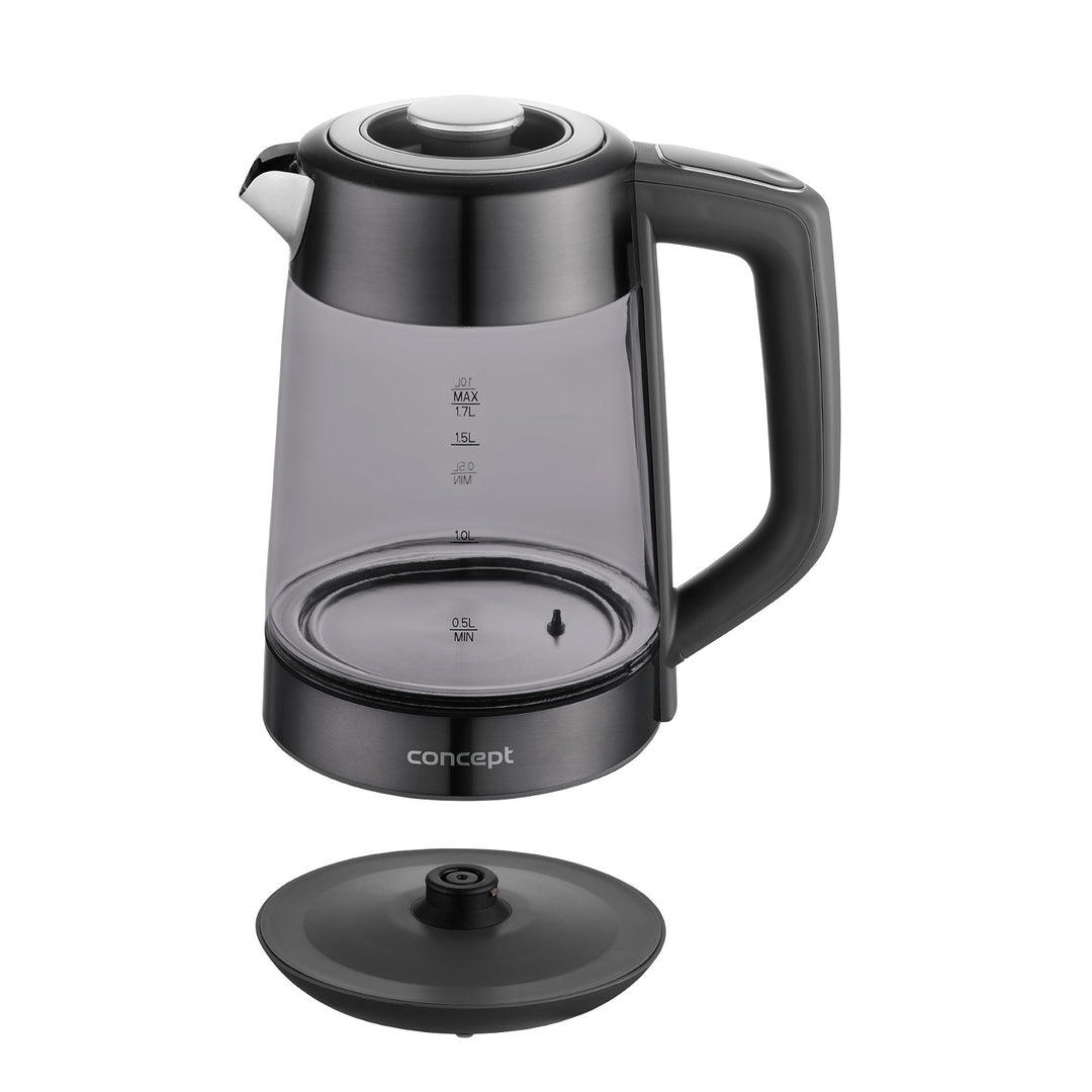 Koncepčná sklenená rýchlovarná kanvica, objem 1,7 l, príkon 1850–2200 W, čierna farba, konektor Strix, regulácia teploty, digitálne ovládanie, RK4195