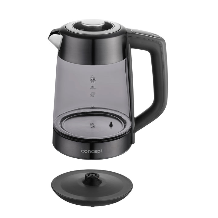 Koncepčná sklenená rýchlovarná kanvica, objem 1,7 l, príkon 1850–2200 W, čierna farba, konektor Strix, regulácia teploty, digitálne ovládanie, RK4195