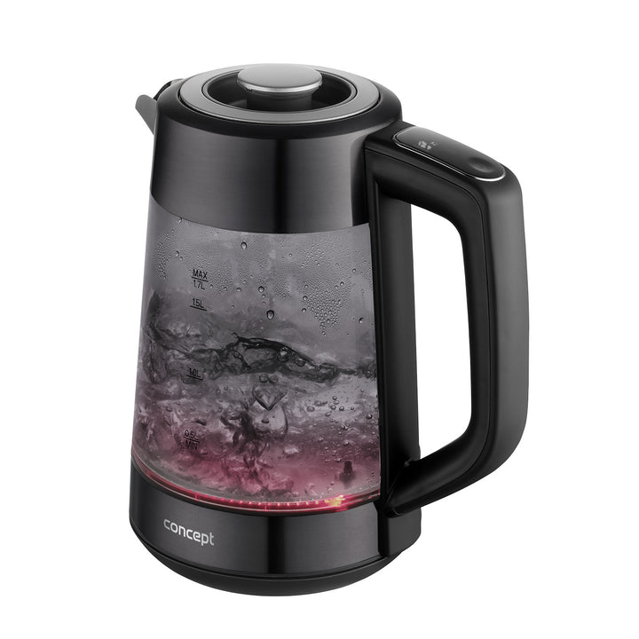 Koncepčná sklenená rýchlovarná kanvica, objem 1,7 l, príkon 1850–2200 W, čierna farba, konektor Strix, regulácia teploty, digitálne ovládanie, RK4195