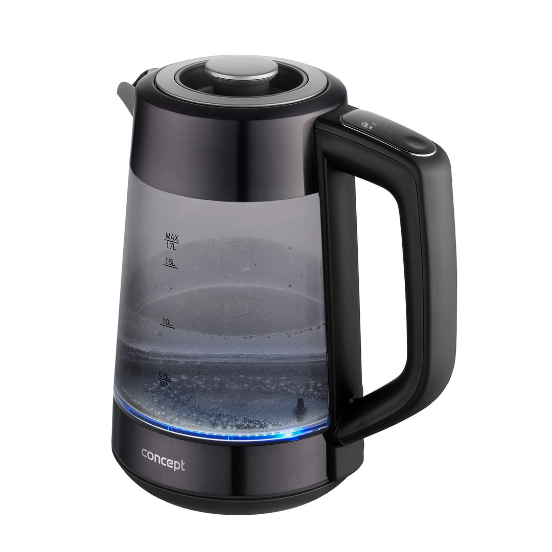 Koncepčná sklenená rýchlovarná kanvica, objem 1,7 l, príkon 1850–2200 W, čierna farba, konektor Strix, regulácia teploty, digitálne ovládanie, RK4195