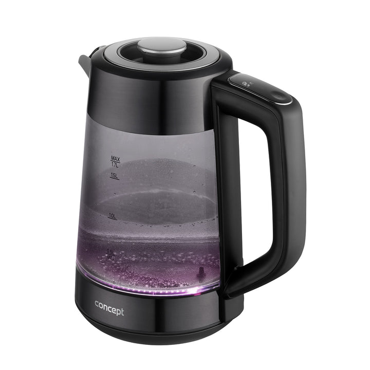 Koncepčná sklenená rýchlovarná kanvica, objem 1,7 l, príkon 1850–2200 W, čierna farba, konektor Strix, regulácia teploty, digitálne ovládanie, RK4195