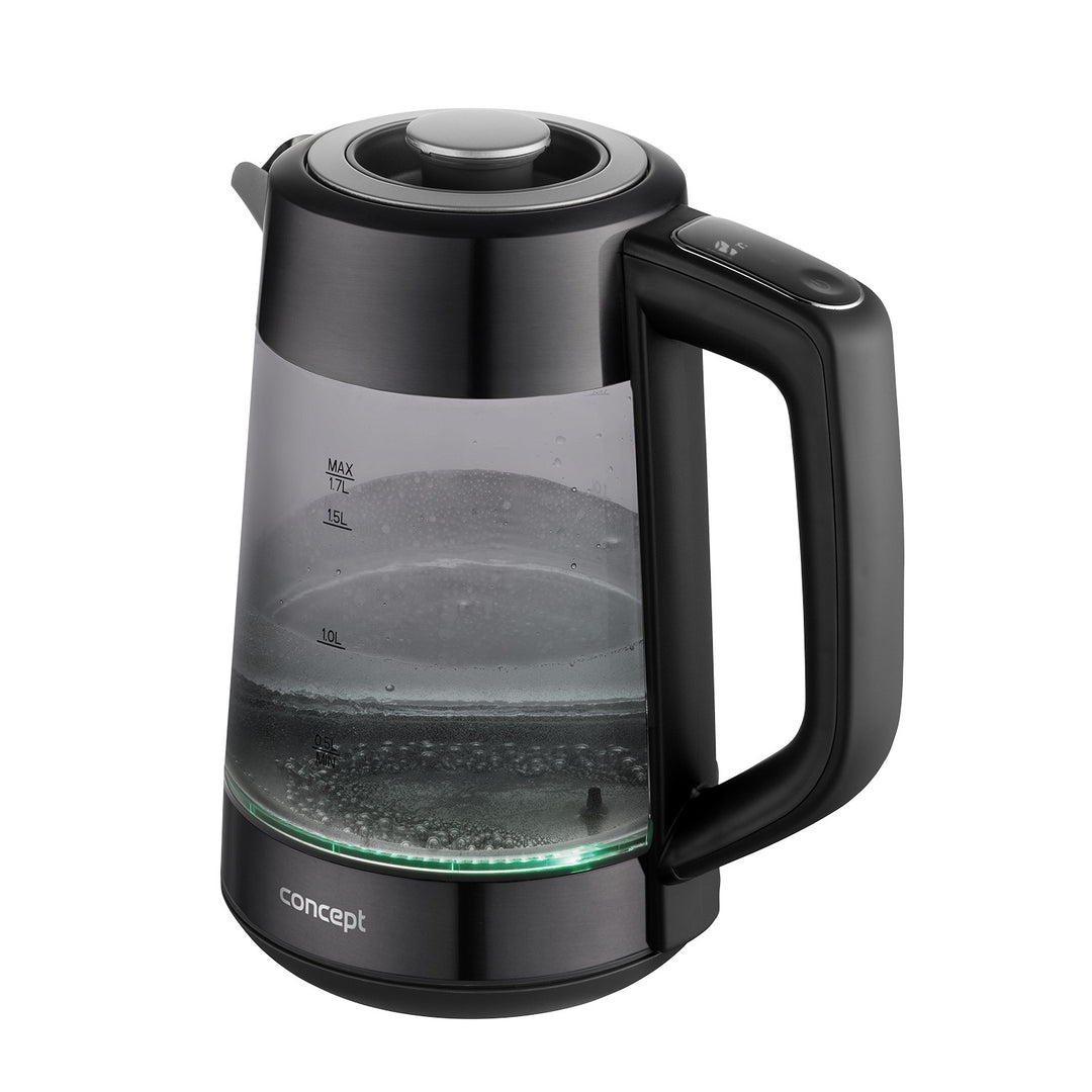 Koncepčná sklenená rýchlovarná kanvica, objem 1,7 l, príkon 1850–2200 W, čierna farba, konektor Strix, regulácia teploty, digitálne ovládanie, RK4195