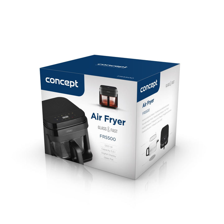 Bezolejová fritéza Concept Glass&Fast, objem 5,5 l, 7 programov, dotykový LED displej, režim zdravého vyprážania, sklenená nádoba, FR5500