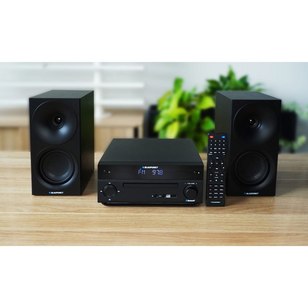 Mikrosystém Blaupunkt, výkon 150 W, FM rádio, konektor AUX a port USB, Bluetooth, vstup HDMI, hodiny s budíkom, LED displej, čierna farba, MS30.02BT