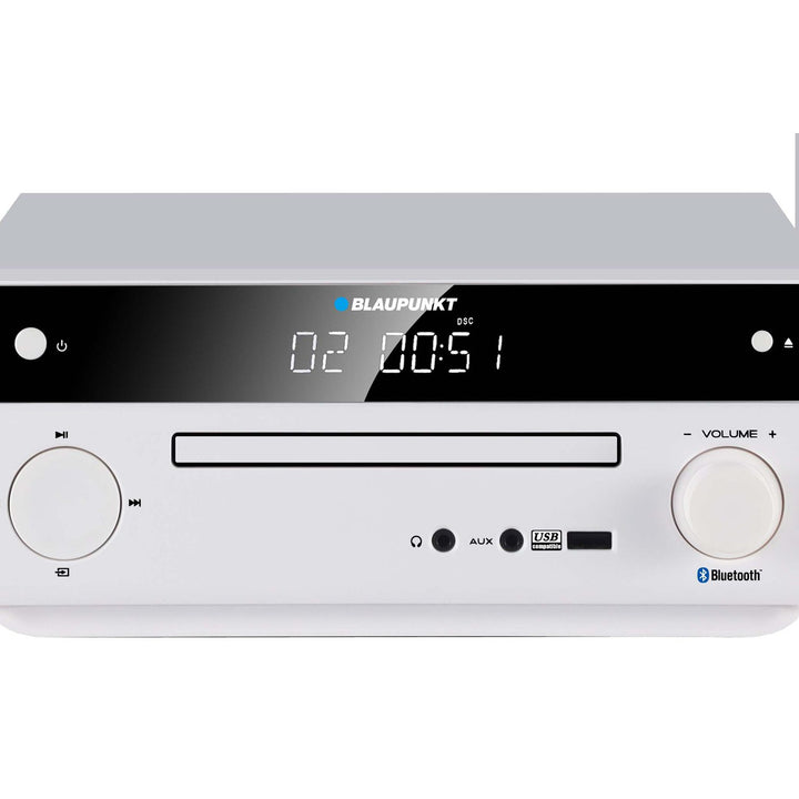 Mikrosystém Blaupunkt, výkon 150 W, FM rádio, konektor AUX a port USB, Bluetooth, vstup HDMI, hodiny s budíkom, LED displej, biela farba, MS30.02BT