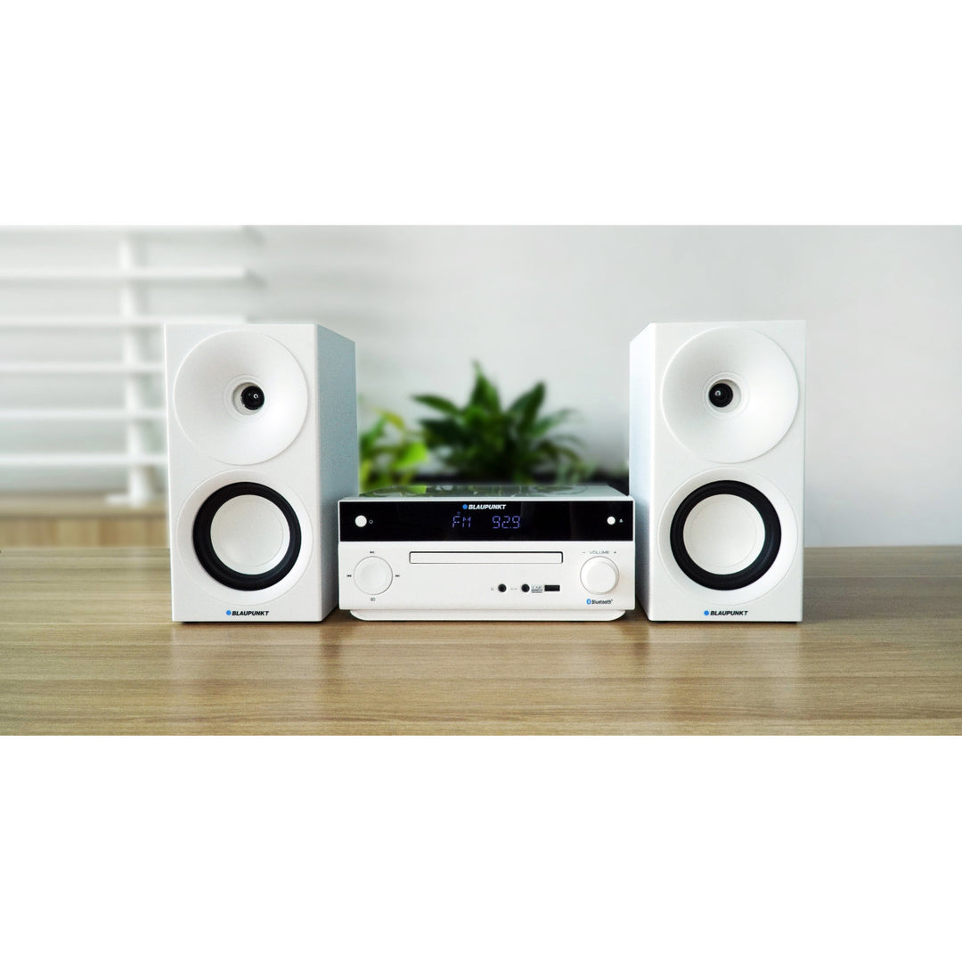 Mikrosystém Blaupunkt, výkon 150 W, FM rádio, konektor AUX a port USB, Bluetooth, vstup HDMI, hodiny s budíkom, LED displej, biela farba, MS30.02BT