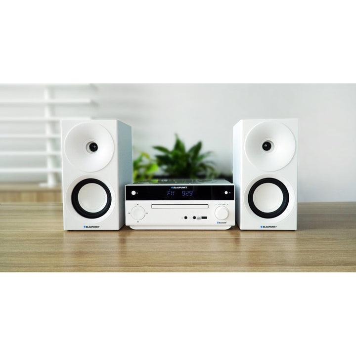 Mikrosystém Blaupunkt, výkon 150 W, FM rádio, konektor AUX a port USB, Bluetooth, vstup HDMI, hodiny s budíkom, LED displej, biela farba, MS30.02BT