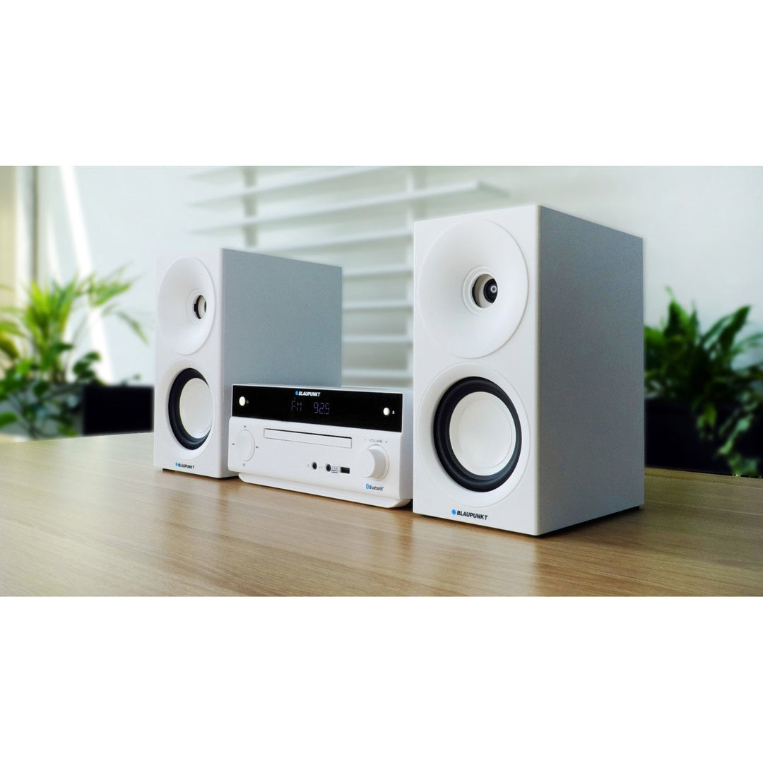 Mikrosystém Blaupunkt, výkon 150 W, FM rádio, konektor AUX a port USB, Bluetooth, vstup HDMI, hodiny s budíkom, LED displej, biela farba, MS30.02BT