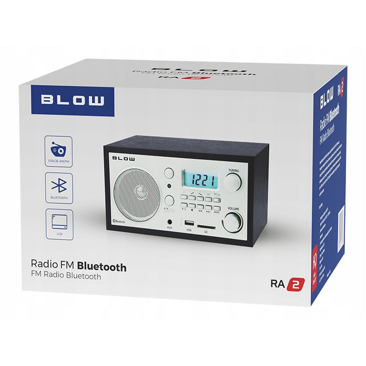 Prenosné analógové rádio Blow, funkcia Bluetooth, konektory USB, AUX a SD, príjem AM/FM rádia, LCD displej, hodiny a budík, 77-531#