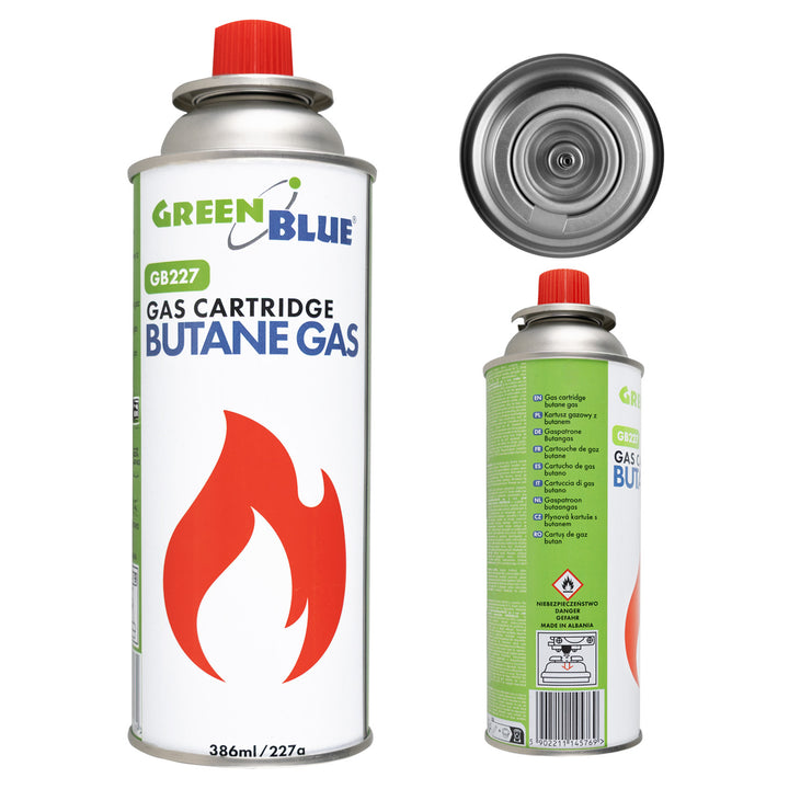 Plynová náplň 227 g GreenBlue. Certifikát: Pi 0875, v súlade s normou EN 417, bután, prevádzkový rozsah -10 °C až +40 °C, GB227