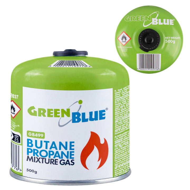 Plynová náplň 500 g GreenBlue. Certifikát: Pi 0437, v súlade s normou EN 417, bután-propán, teplotný rozsah -10 °C až +40 °C, závitový ventil 7/16'' GB499