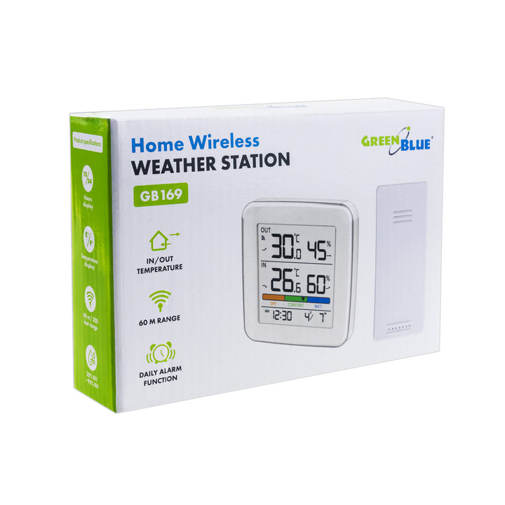 Bezdrôtová meteorologická stanica GreenBlue, teplota + vlhkosť IN/OUT, hodiny + budík + dátum, voliteľné °C / °F, dosah až 60 m, GB169, 4x AAA batéria