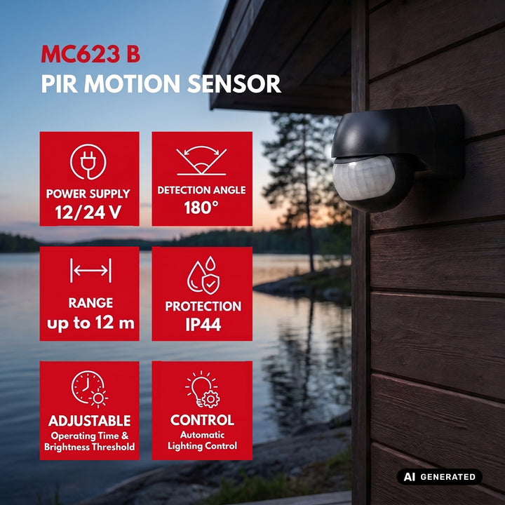 PIR snímač pohybu 12–24 V Maclean, infračervený, IP44, čierny, dosah 12 m, max. zaťaženie 60/120 W, MCE623 B