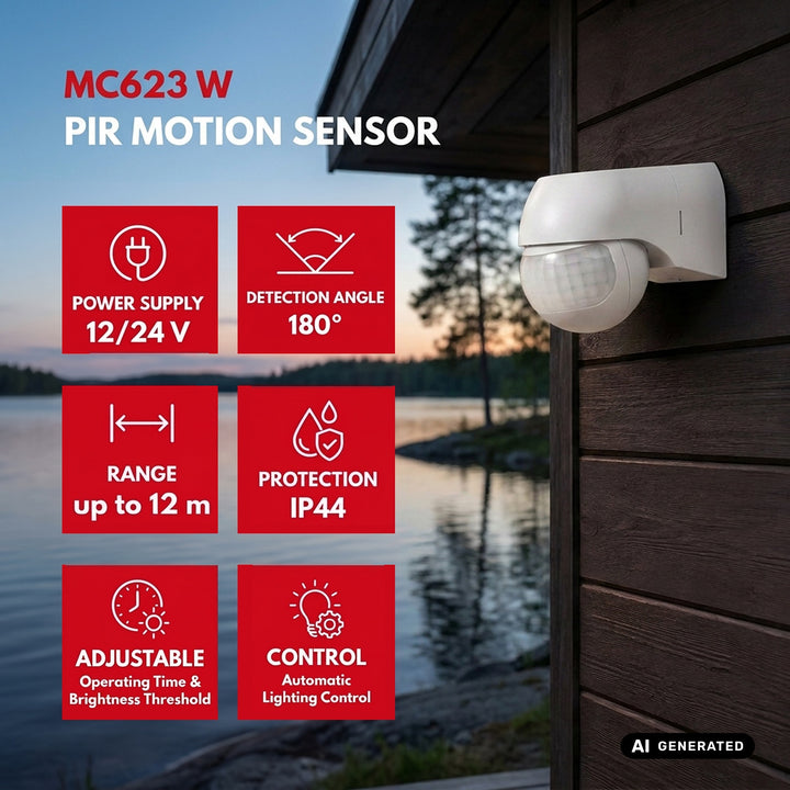 PIR snímač pohybu 12–24 V Maclean, infračervený, IP44, biely, dosah 12 m, max. zaťaženie 60/120 W, MCE623 W