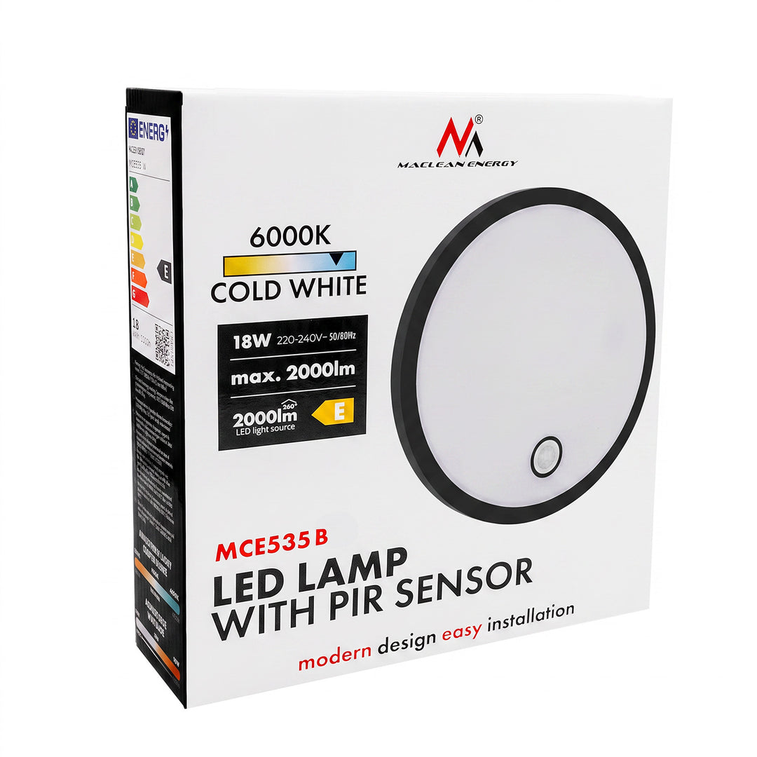 LED svietidlo s pohybovým senzorom Maclean, senzor PIR, čierne, 10 W/15/18 W, IP65, možnosť zmeny farby 3000/4000/6000 K, MCE535 B