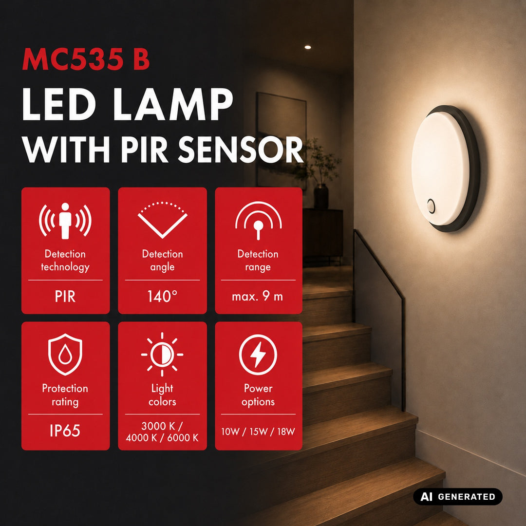 LED svietidlo s pohybovým senzorom Maclean, senzor PIR, čierne, 10 W/15/18 W, IP65, možnosť zmeny farby 3000/4000/6000 K, MCE535 B