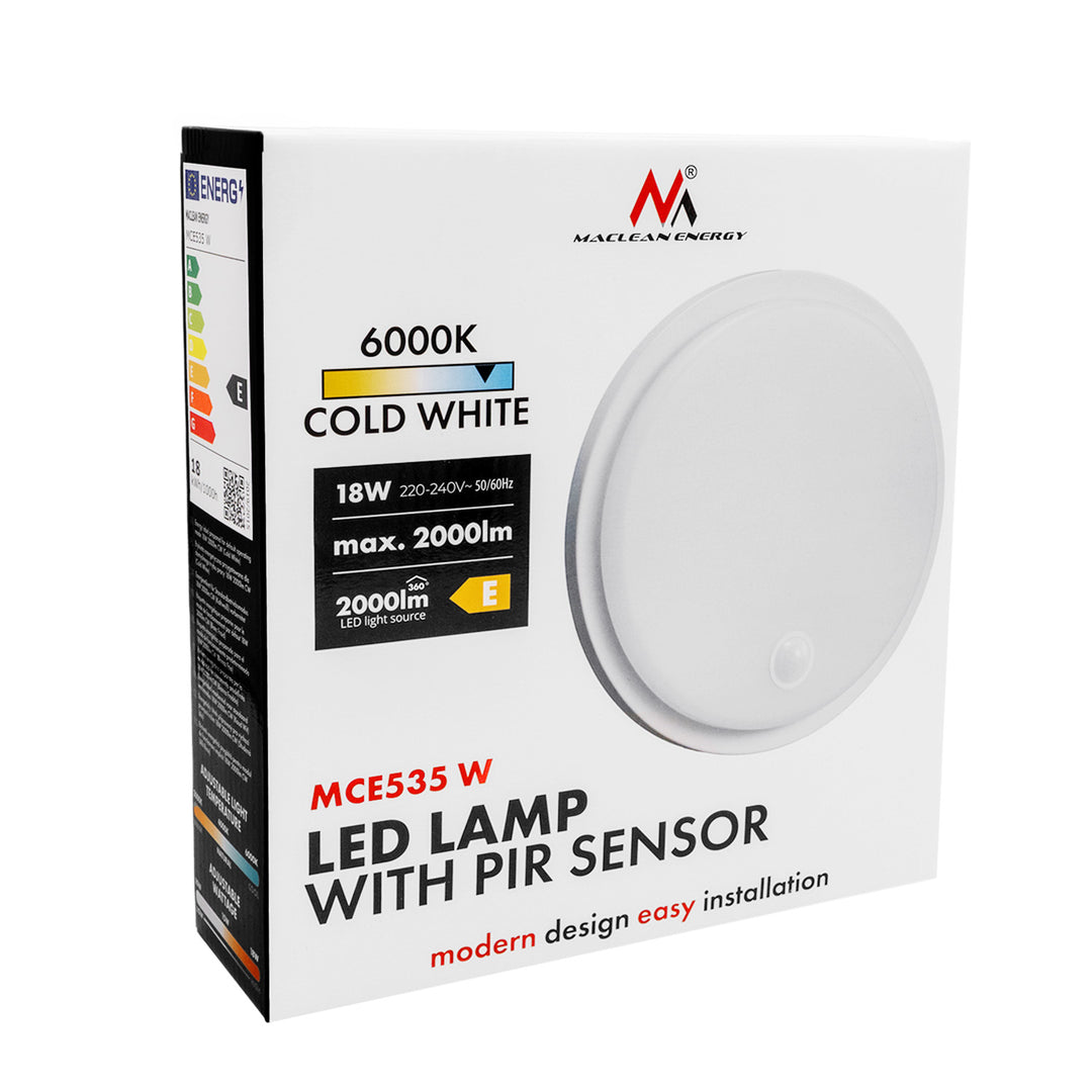 LED svietidlo s pohybovým senzorom Maclean, senzor PIR, biele, 10 W/15/18 W, IP65, možnosť zmeny farby 3000/4000/6000 K, MCE535 W