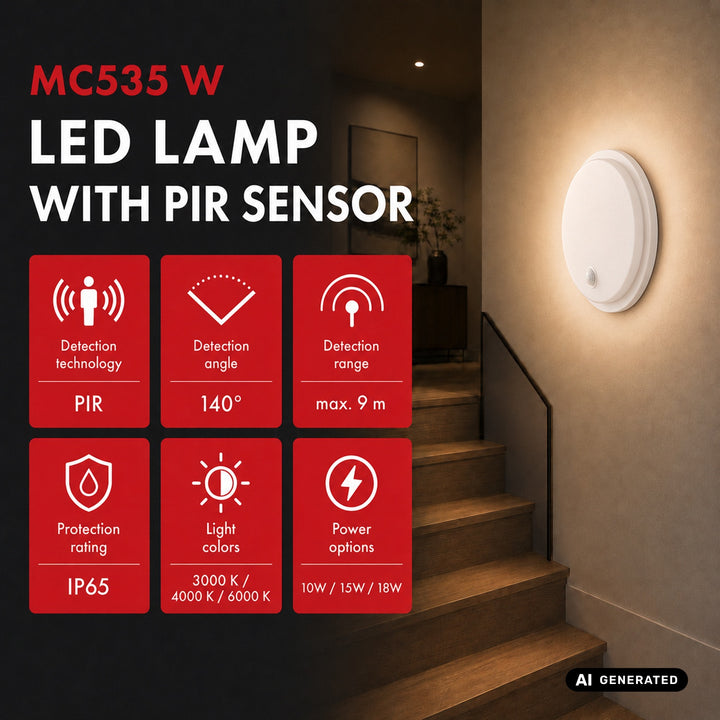 LED svietidlo s pohybovým senzorom Maclean, senzor PIR, biele, 10 W/15/18 W, IP65, možnosť zmeny farby 3000/4000/6000 K, MCE535 W