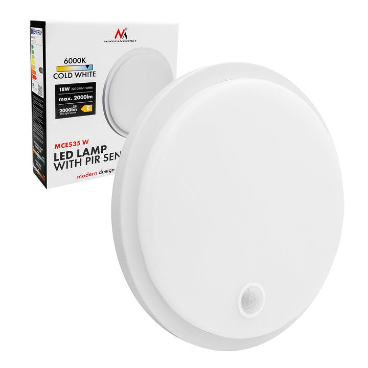 LED svietidlo s pohybovým senzorom Maclean, senzor PIR, biele, 10 W/15/18 W, IP65, možnosť zmeny farby 3000/4000/6000 K, MCE535 W