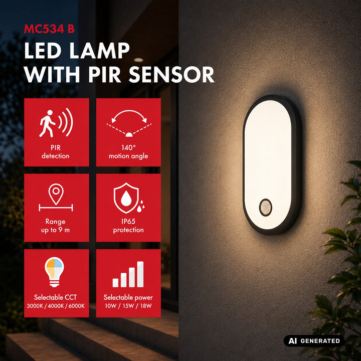 LED svietidlo s pohybovým senzorom Maclean, senzor PIR, čierne, 10 W/15/18 W, IP65, možnosť zmeny farby 3000/4000/6000 K, MCE534 B