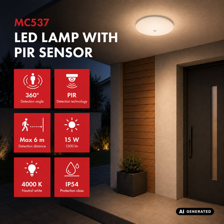 LED svietidlo so senzorom PIR značky Maclean, stropné, 15 W, 1300 lm, IP54, 220–240 V~ 50/60 Hz, MCE537