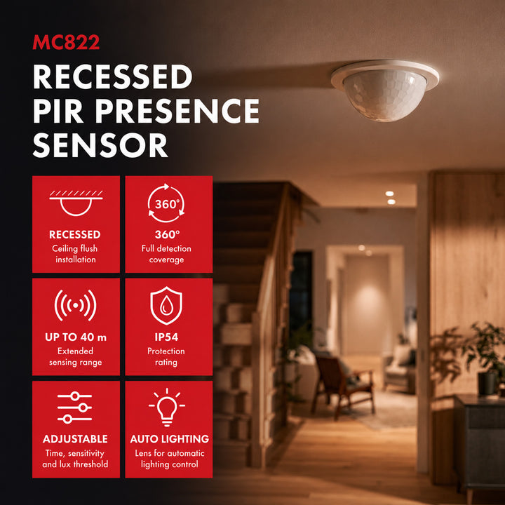 PIR snímač prítomnosti Maclean, na zapustenie, dosah 10 × 40 m, 1000 W/2000 W, 220–240 V striedavého prúdu, 50/60 Hz, IP54, MCE822