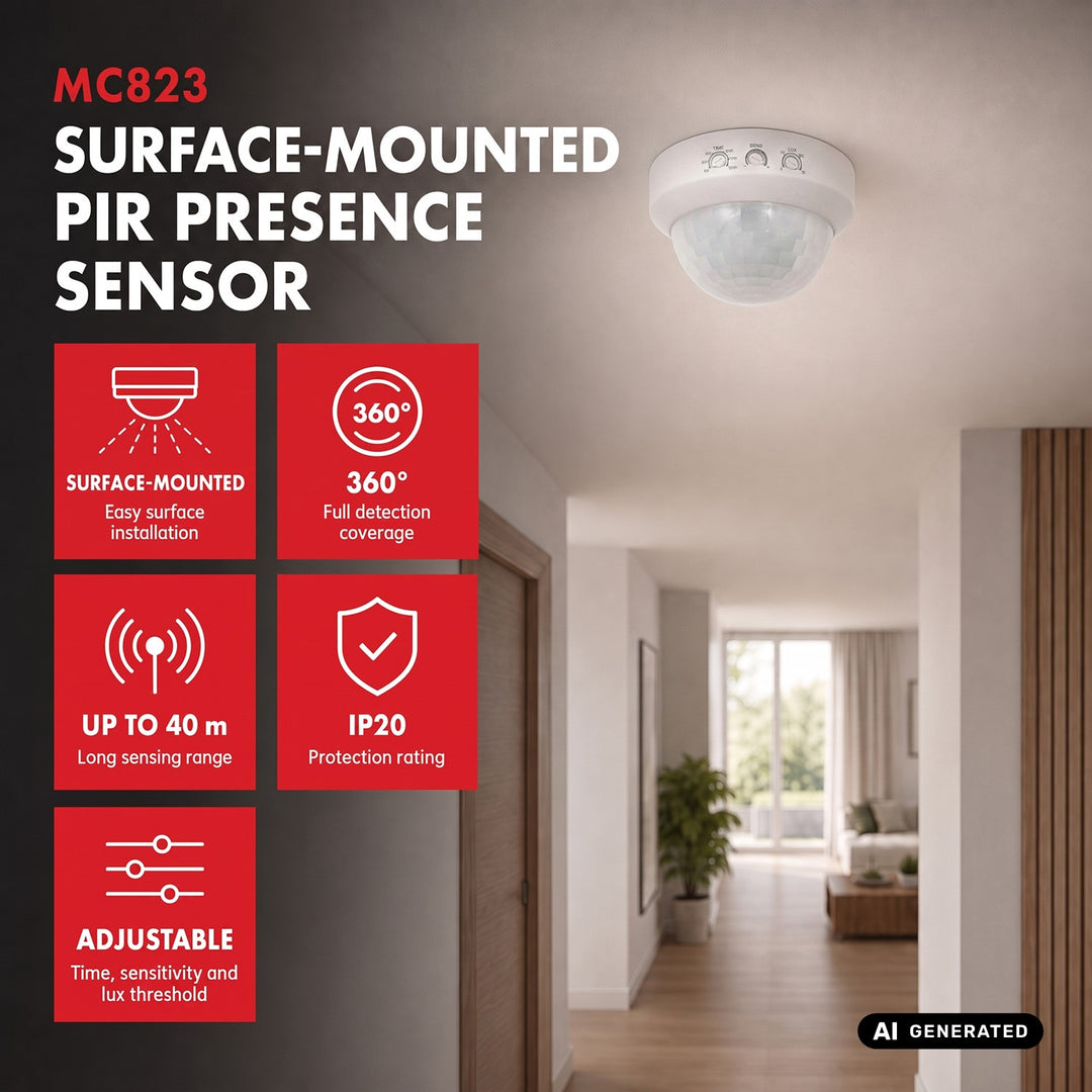 PIR senzor prítomnosti Maclean, na povrchovú montáž, dosah 10 × 40 m, 1000 W/2000 W, 220–240 V AC, 50/60 Hz, MCE823