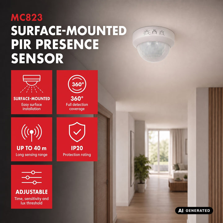 PIR senzor prítomnosti Maclean, na povrchovú montáž, dosah 10 × 40 m, 1000 W/2000 W, 220–240 V AC, 50/60 Hz, MCE823