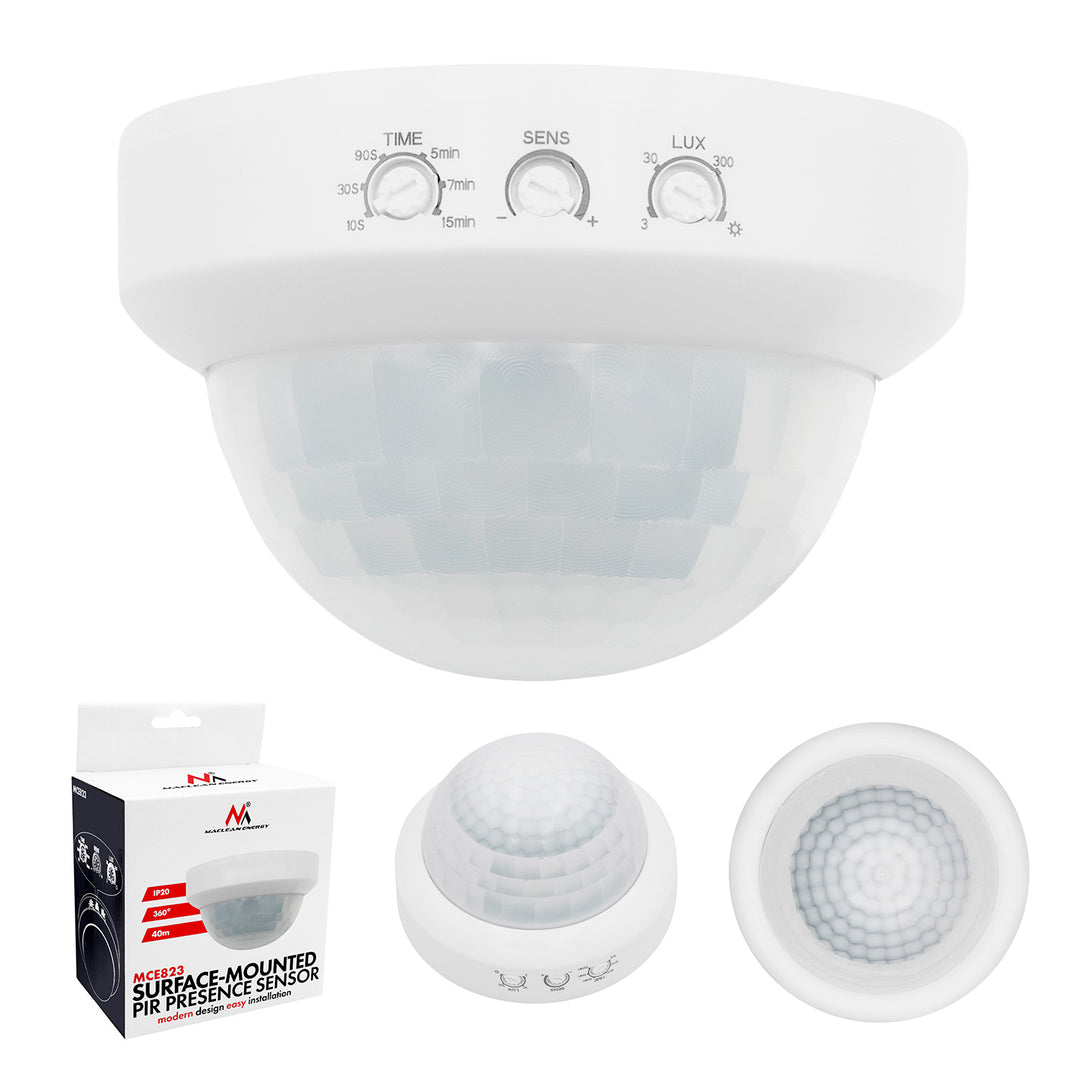 PIR senzor prítomnosti Maclean, na povrchovú montáž, dosah 10 × 40 m, 1000 W/2000 W, 220–240 V AC, 50/60 Hz, MCE823