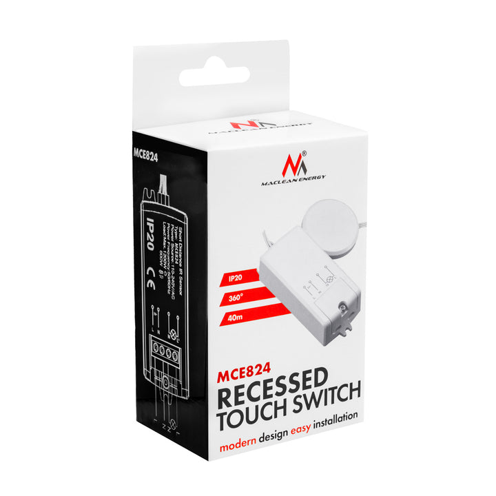 Dotykový vypínač na zapustenie Maclean, <40 mm, 110–240 V striedavého prúdu, max. zaťaženie 600 W pre LED, MCE824