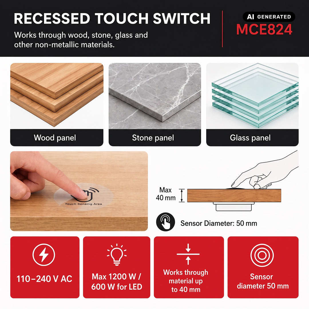 Dotykový vypínač na zapustenie Maclean, <40 mm, 110–240 V striedavého prúdu, max. zaťaženie 600 W pre LED, MCE824