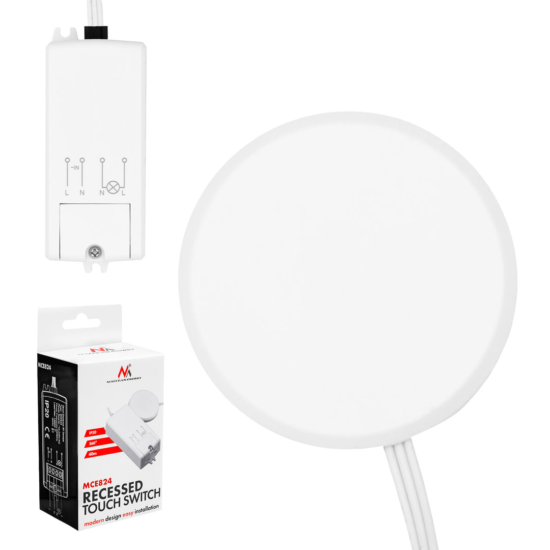 Dotykový vypínač na zapustenie Maclean, <40 mm, 110–240 V striedavého prúdu, max. zaťaženie 600 W pre LED, MCE824