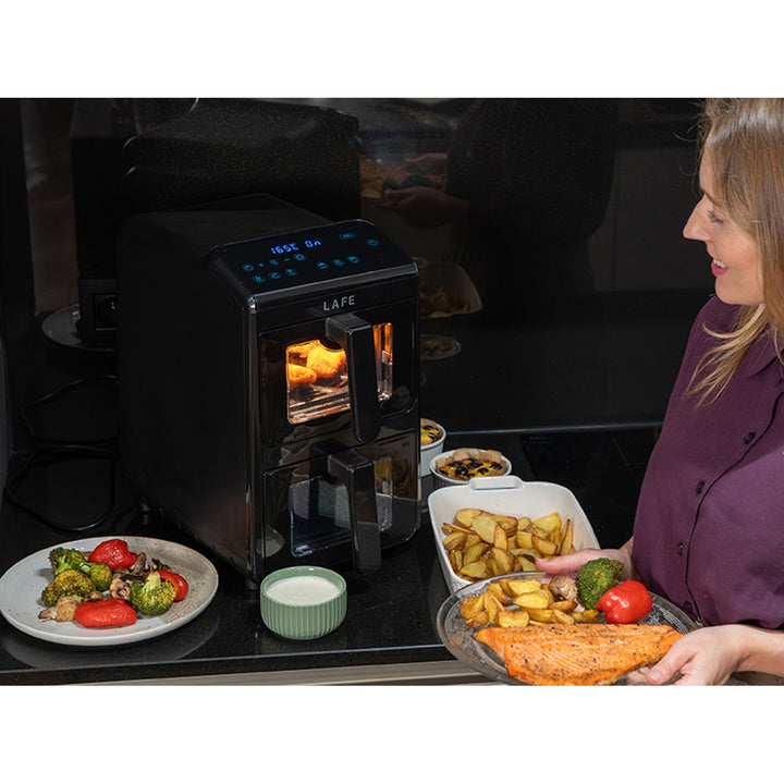 Fritéza bez oleja LAFE, fritéza na horúci vzduch, 2 priehradky, 5 l, výkon 2460 W, LCD displej, Dual Fry
