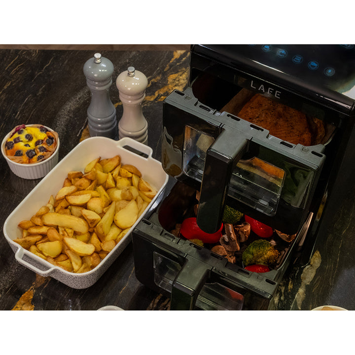 Fritéza bez oleja LAFE, fritéza na horúci vzduch, 2 priehradky, 5 l, výkon 2460 W, LCD displej, Dual Fry