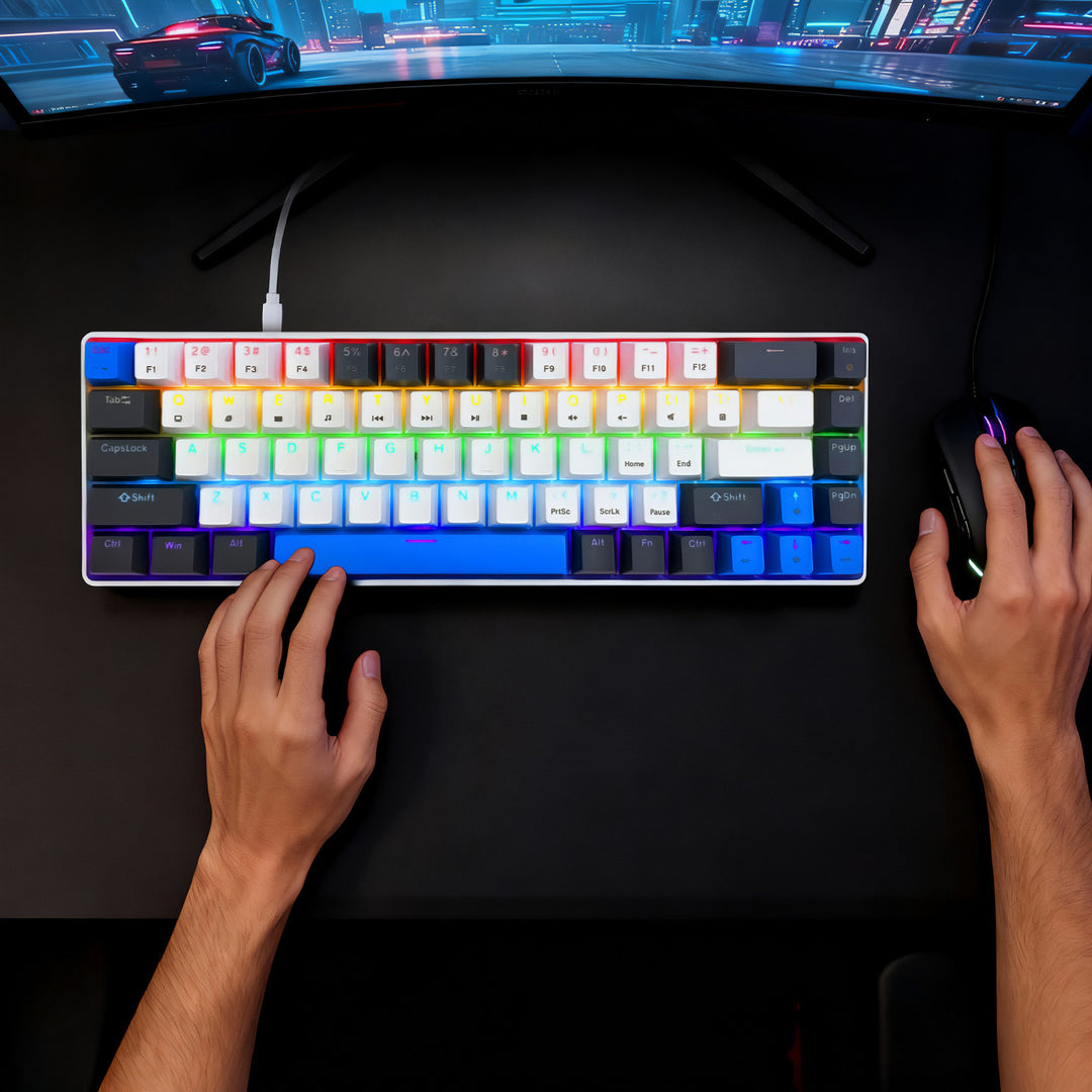 RED CORE MX60 – Krátka 60 % mechanická herná klávesnica, tiché mechanické spínače RED, farebné podsvietenie, 68 klávesov, USB-C. Farba: biela/modrá. Mediatech