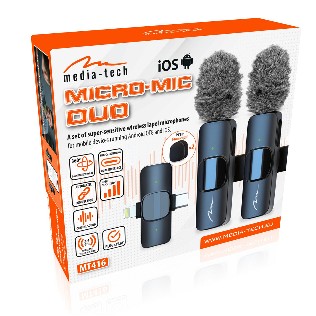 MICRO-MIC DUO – 2x bezdrôtový klopový mikrofón (sada), s klipom, iOS a Android (OTG), mini, supercitlivý. USB-C a LIGHTNING, Mediatech
