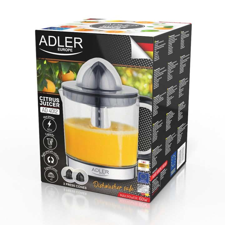 Odšťavovač citrusov Adler, objem 1,2 l, maximálny výkon 60 W, čierny, AD 4012
