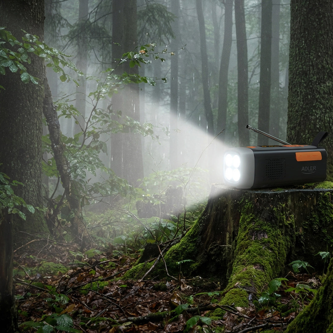 Núdzové rádio Adler so solárnym panelom, ručnou kľukou a powerbankou, Bluetooth 5.0, 4W LED baterkou, 4500 mAh, AD 1920