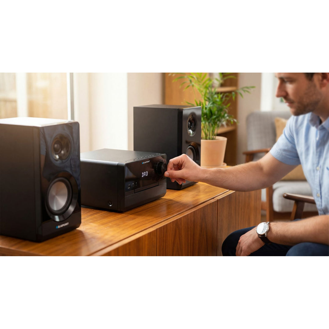 Mikrosystém Blaupunkt, výkon 100 W RMS, tuner DAB+, LED displej, FM rádio, teleskopická anténa v balení, konektor HDMI ARC, CD/MP3/USB/BT, hodiny s funkciou budíka, MS49DAB