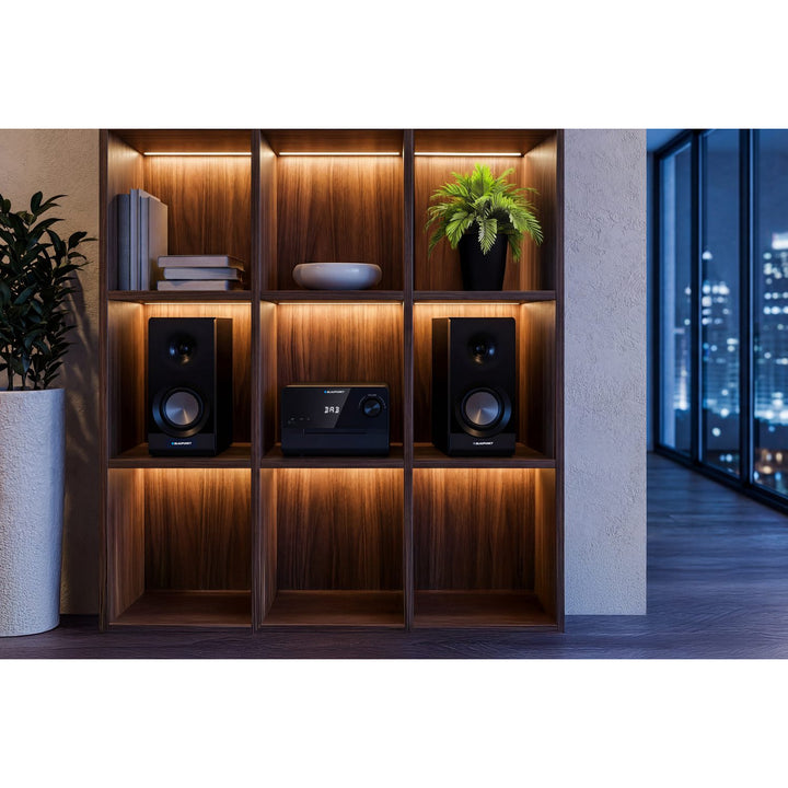 Mikrosystém Blaupunkt, výkon 100 W RMS, tuner DAB+, LED displej, FM rádio, teleskopická anténa v balení, konektor HDMI ARC, CD/MP3/USB/BT, hodiny s funkciou budíka, MS49DAB