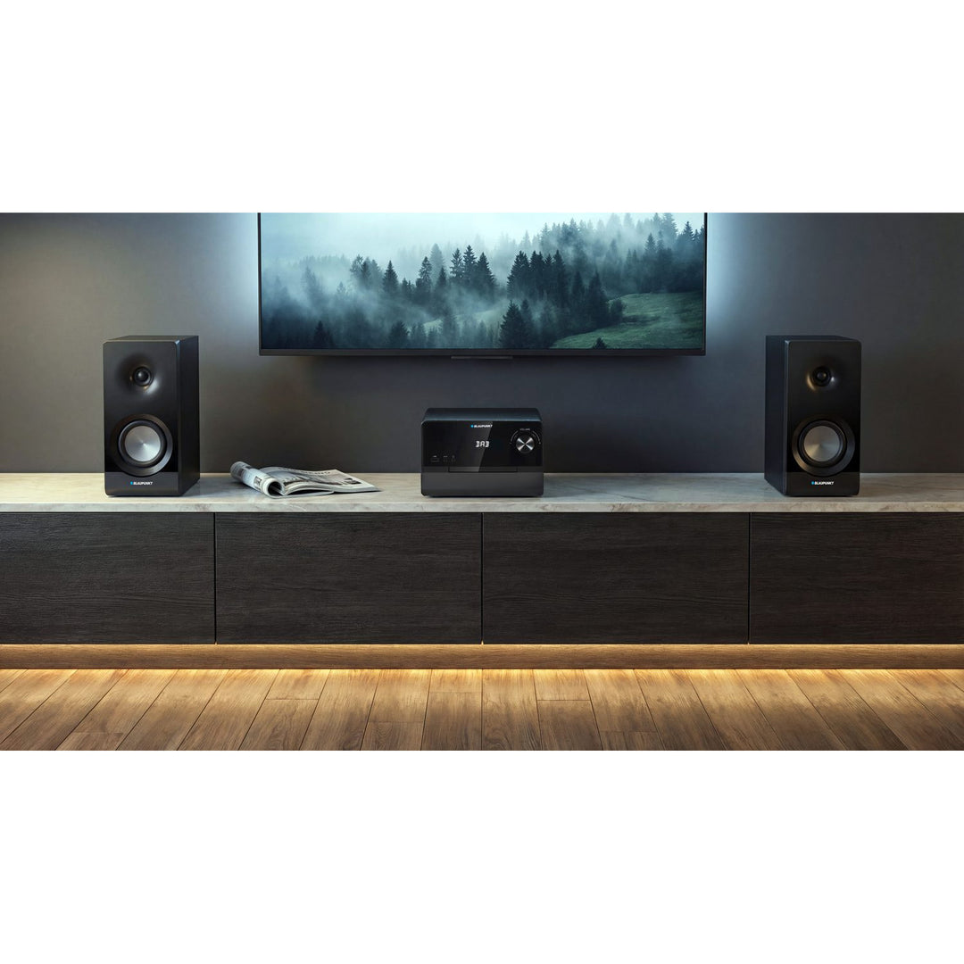 Mikrosystém Blaupunkt, výkon 100 W RMS, tuner DAB+, LED displej, FM rádio, teleskopická anténa v balení, konektor HDMI ARC, CD/MP3/USB/BT, hodiny s funkciou budíka, MS49DAB