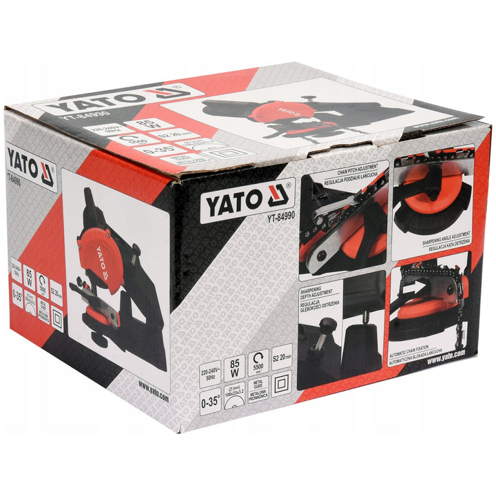Elektrická brúska Yato na reťaze reťazových píl, výkon 85 W, otáčky 5500 ot./min, uhol brúsenia 0–35°, kovové vedenie, kábel 1,8 m, YT-84990
