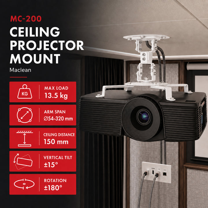 Stropný držiak / záves pre projektor Maclean, 54–320 mm, do 13,5 kg, otočný o 360 stupňov MC-200 W