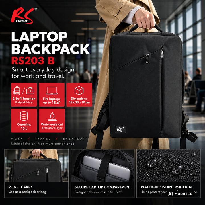 Batoh na notebook NanoRS, 15,6", čierny, 43x30x10, vodoodolný RS203 B