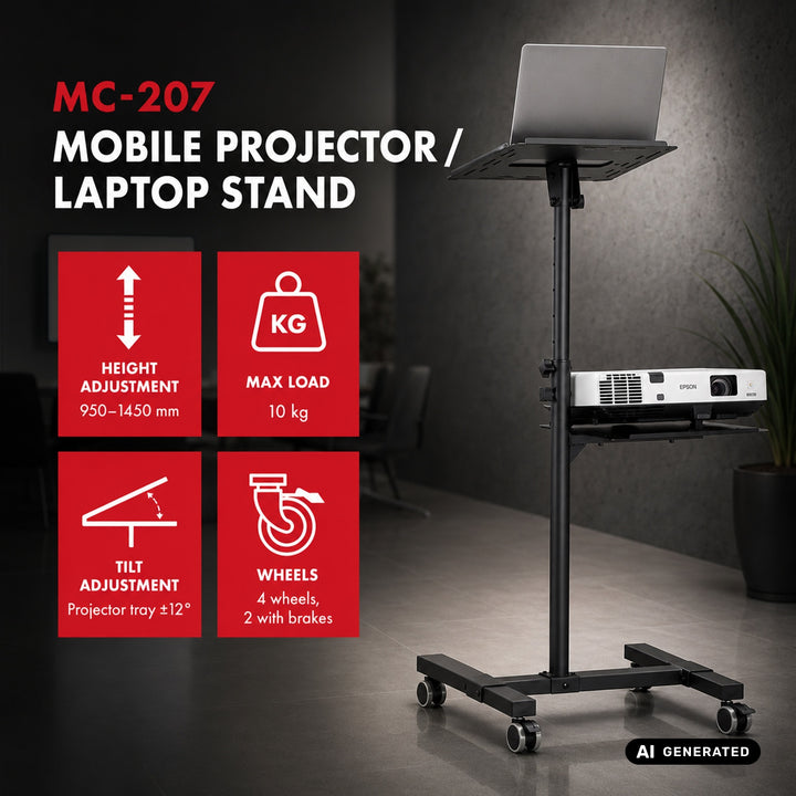 Pohyblivý stolík na projektor/notebook Maclean, nastaviteľný, oceľový, max. 10 kg, MC-207